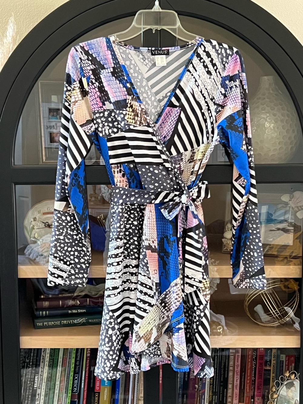 VENUS Multi-Print Long Sleeve Wrap Blouse in Blue, Black, Pink